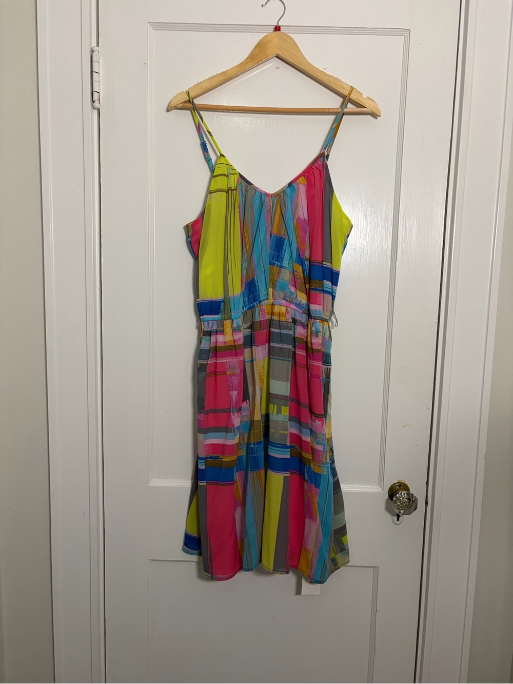 Trina Turk Neon Plaid Spaghetti-Strap Mini Dress